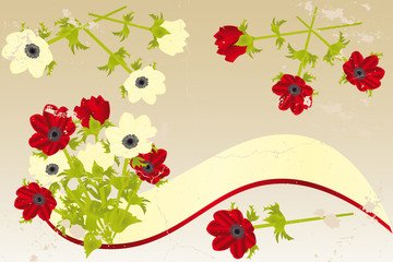 Red and Yellow anemones with vintage banner