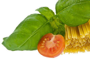 Spaghetti with basil and tomato (with clipping path)