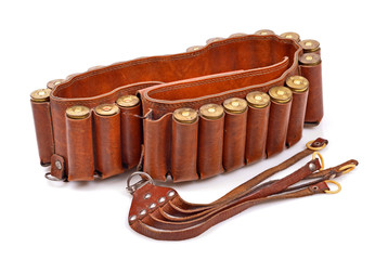 Old leather bandolier on a white background,