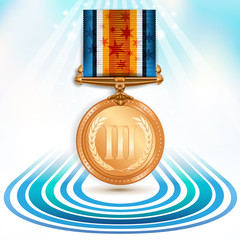 Bronze medal with ribbon over sky background