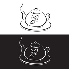 teapot with leaves symbol isolated on black and white