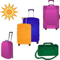 Four large suitcases and travel bag. Vector.
