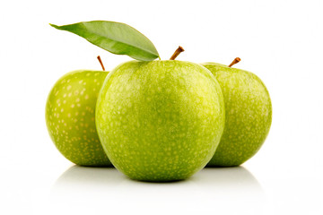 Three ripe green apples with isolated on white