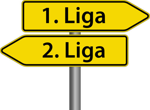 Entscheidung zwischen erster und zweiter Liga Schild