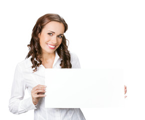Businesswoman showing blank signboard, isolated
