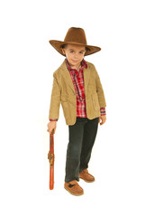 Small cowboy resting hand on weapon toy