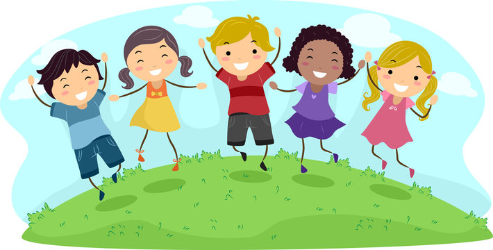 happy kids jumping on green hill clip art preview