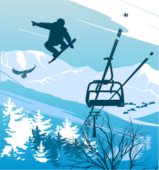 Snowboarder on a background of mountains and ski lift