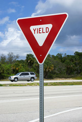 American yield road sign on NASA causeway, Florida