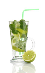 Glass of cocktail with lime and mint isolated on white