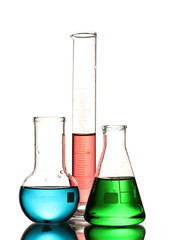 Three flasks with color liquid and with reflection isolated