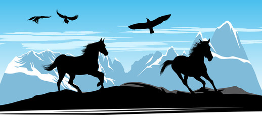 Black horses on the snow mountains background