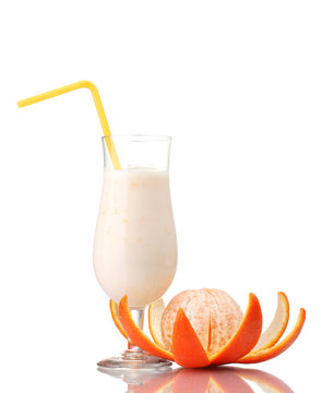 Bunch of bananas and milk cocktail isolated on white