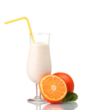 Bunch of bananas and milk cocktail isolated on white