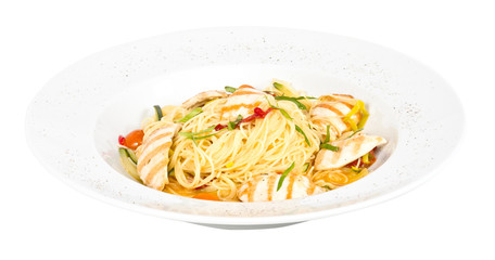 close-up of plate of pasta and chicken