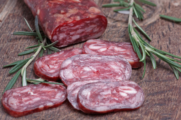 salami on wooden background