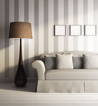 3d modern Classic interior with stripes wallpaper, sofa, frames