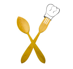 Cuchara y tenedor de madera con gorro de cocina.