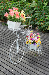 Fototapeta na wymiar White steel bike and flower pots