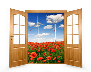 Open the door to the spring landscape with wind turbines