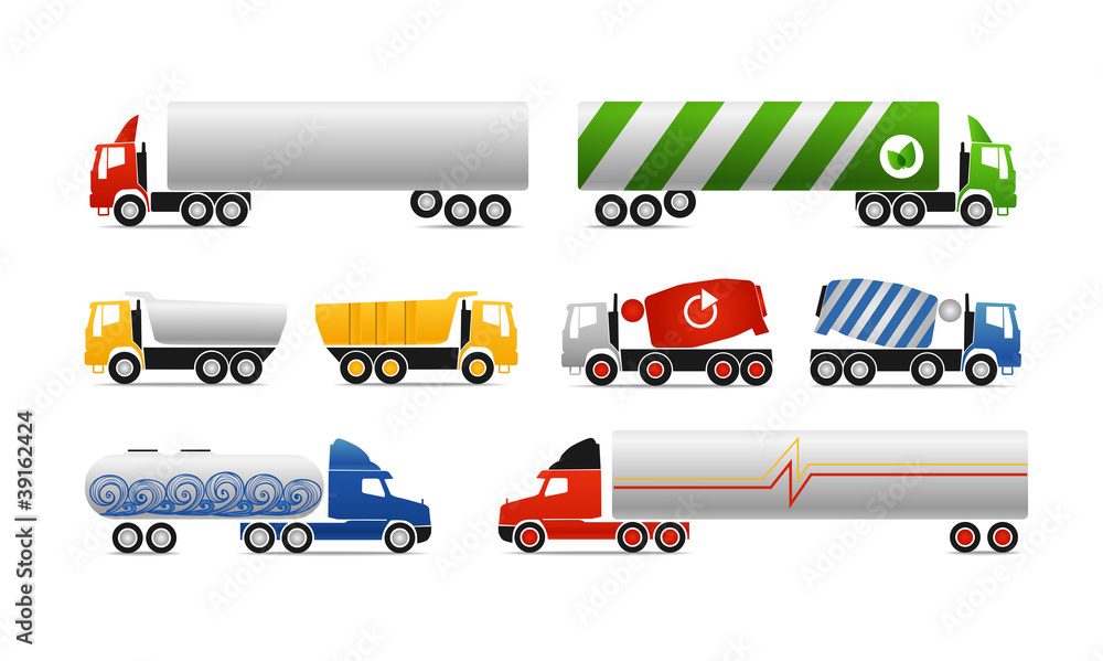 Poster different types of trucks. vector collection
