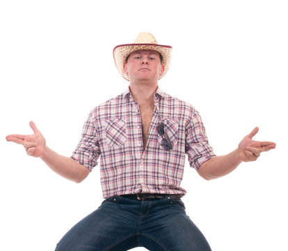 Pretty man with cowboy hat on white background