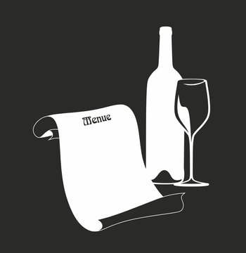 white wine bottle, glass, menu on black clip art preview