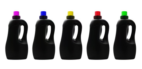Fünf schwarze Flaschen aus Kunststoff