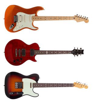 Group of Three Electric guitars on white background