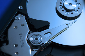 Close up of opened hard disk drive