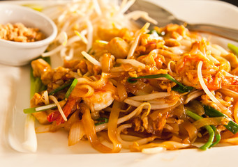 Thai style noodle with fresh shrimp , Pad thai , Thailand