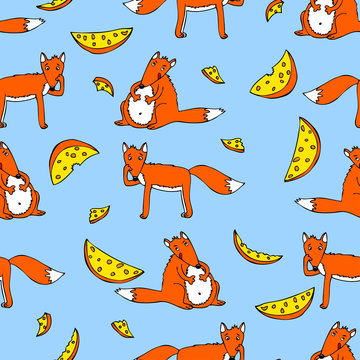 Seamless pattern with foxes and cheese