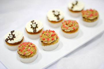 Decorated colorful cupcakes on a white plate