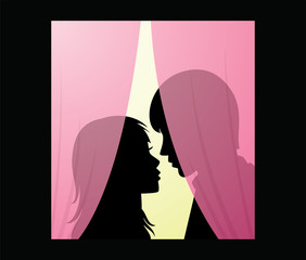 vector silhouette of young man and woman behind a curtain