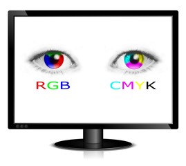 monitor with eyes showing RGB and CMYK colors