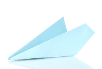 Origami airplane  out of the blue paper isolated on white