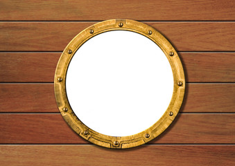 ship porthole on wooden wall isolated