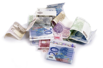 Euro and zlot banknotes on a table - obrazy, fototapety, plakaty