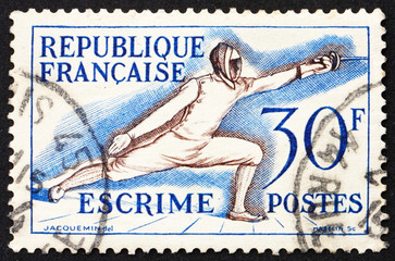 Postage stamp France 1953 Fencing