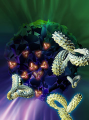 Computer artwork of antibodies (Y-shaped) and cancer cells