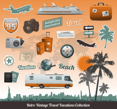 Retro vintage travel icons symbol collection