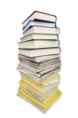 Books in high stack isolated on white