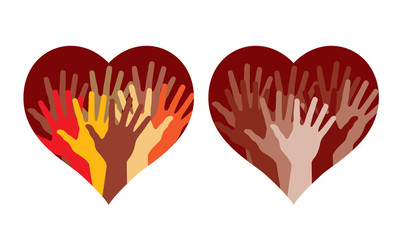 Hearts with many helping hands, abstract vector illustrations