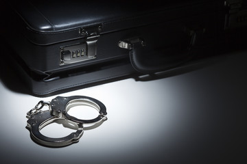 Pair of Handcuffs and Briefcase Under Spot Light