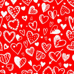 Seamless pattern with valentine hearts, sketch drawing