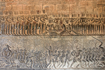 Carvings on wall and terrace of Angkor Wat
