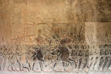 Carvings on wall and terrace of Angkor Wat