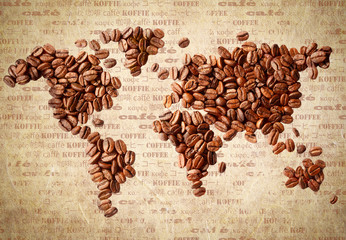 Mapa świata z ziaren kawy, vintage - obrazy, fototapety, plakaty