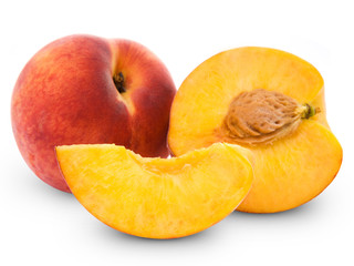 fresh peach fruits and half. Isolated on white background
