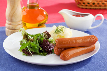 sausages with vegetables salad on white plate
